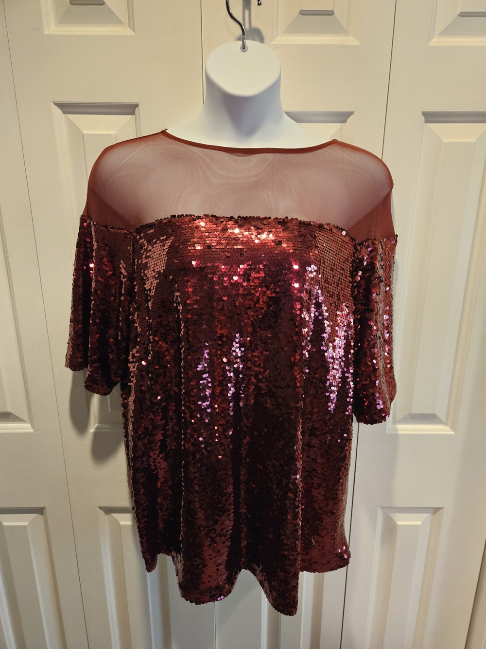 Roaman's Sequin Off-Shoulder Mesh Top Burgundy